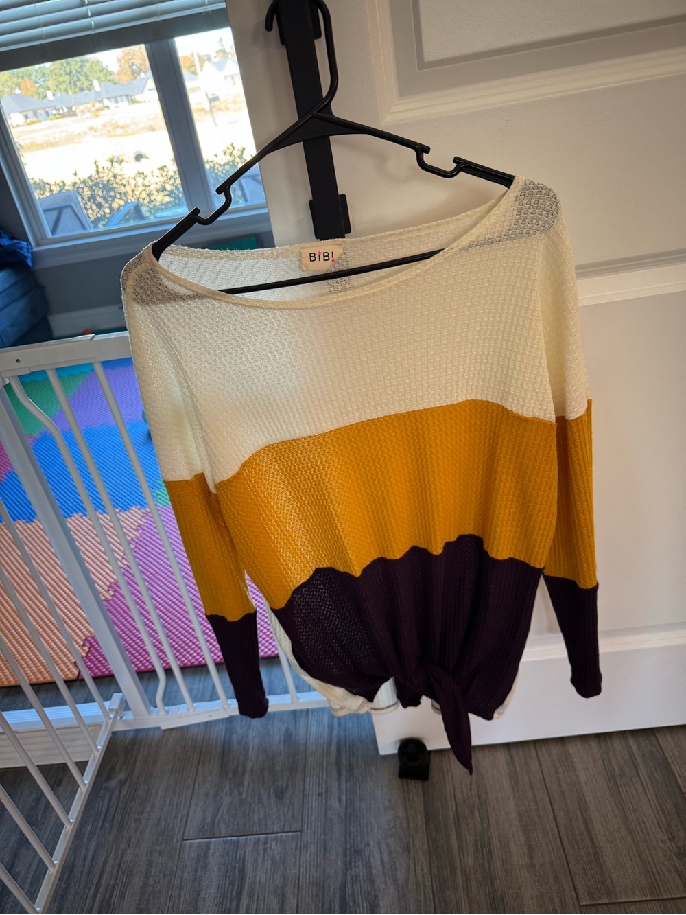 BiBi Cream, Mustard & Plum Colorblock Tie-Front Off-Shoulder Sweater